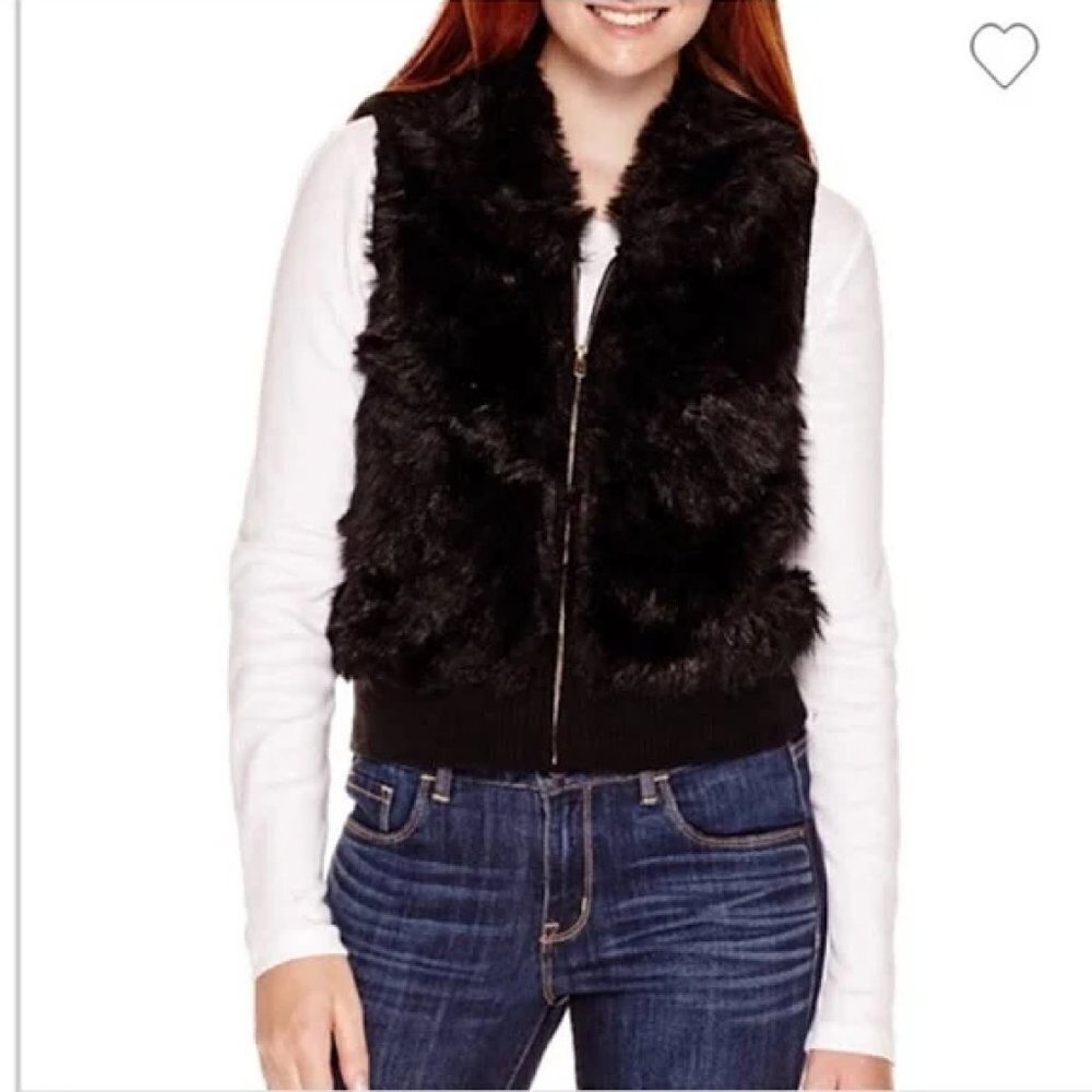 ARIZONA JEAN CO. Black Faux Fur Full Zip Sleeveless Vest Size XXL